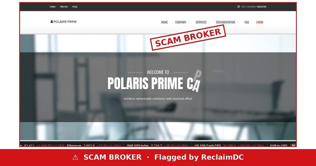 Polaris Prime Capital landing page stamped SCAM BROKER, flagged by ReclaimDC
