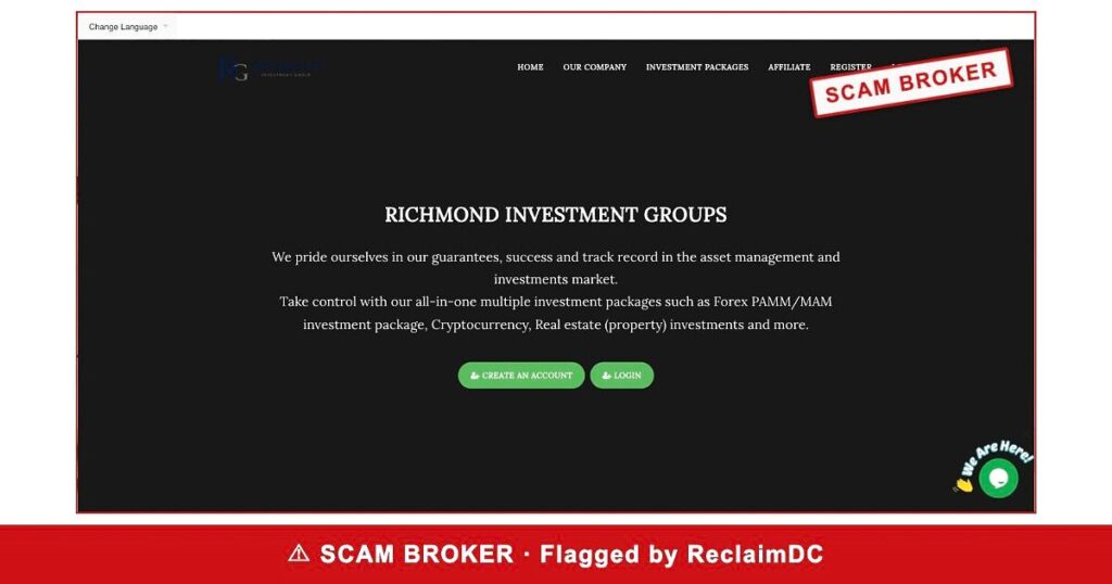 Richmond Groups homepage stamped SCAM BROKER — flagged by ReclaimDC