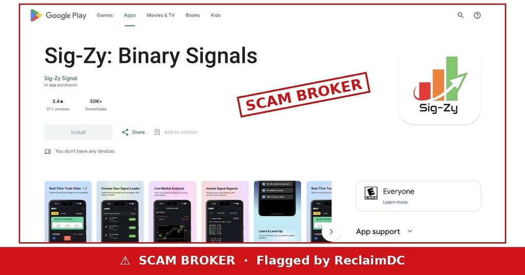 Sig-Zy: Binary Signals Google Play listing flagged by ReclaimDC