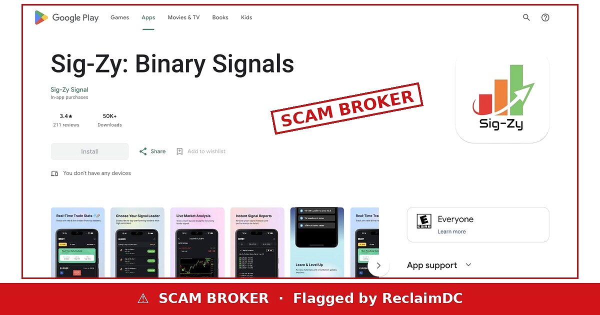Sig-Zy: Binary Signals Google Play listing flagged by ReclaimDC