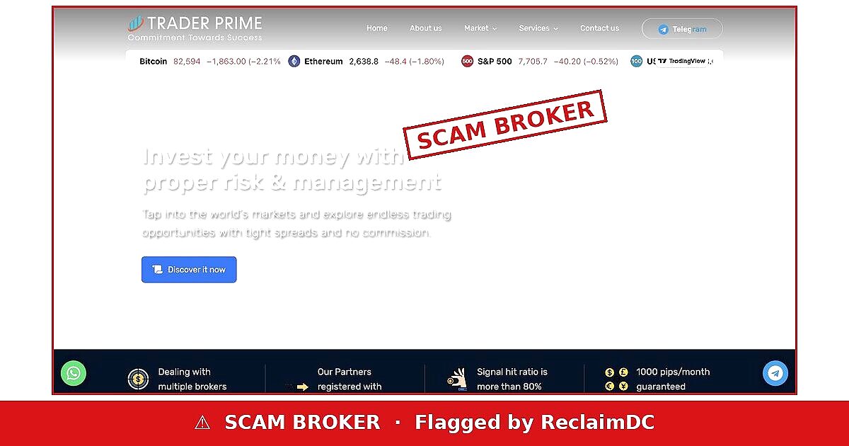 Trader Prime website flagged as a scam broker by ReclaimDC