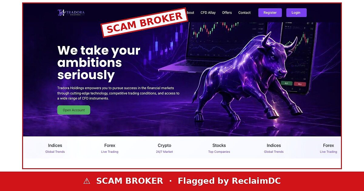 Tradora Holdings website flagged as a scam broker by ReclaimDC