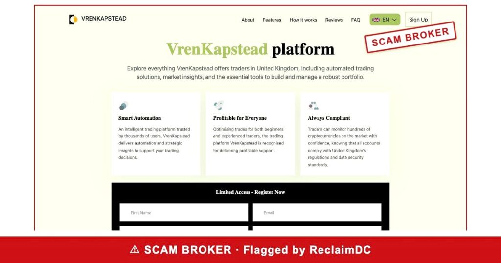 VrenKapstead homepage stamped SCAM BROKER — flagged by ReclaimDC