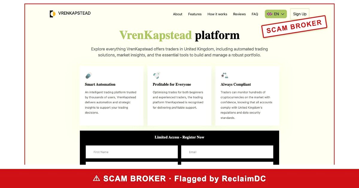 VrenKapstead homepage stamped SCAM BROKER — flagged by ReclaimDC