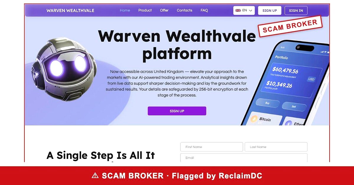 Warven Wealthvale homepage stamped SCAM BROKER — flagged by ReclaimDC