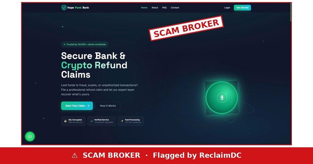 Hope Fund Bank scam warning — ReclaimDC