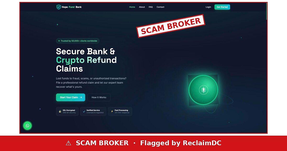 Hope Fund Bank scam warning — ReclaimDC