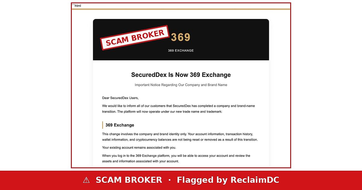 SecuredDex scam broker warning